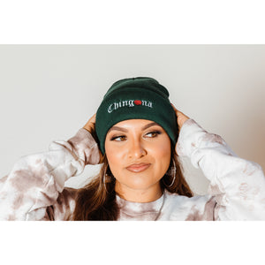 Chingona Embroidered Beanie ~ Maroon and Forest Green