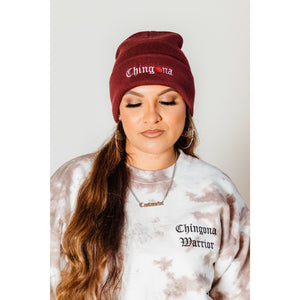 Chingona Embroidered Beanie ~ Maroon and Forest Green